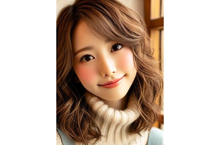 DALL·E 2024-11-13 09.35.11 - 1. A cute and natural depiction of a Japanese woman in her 20s to 30s with wavy hair styled in a playful, relaxed medium-length cut, wearing a soft, c
